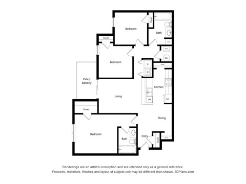 Floor plan for 3 beds, 2 baths, 1348 sqft